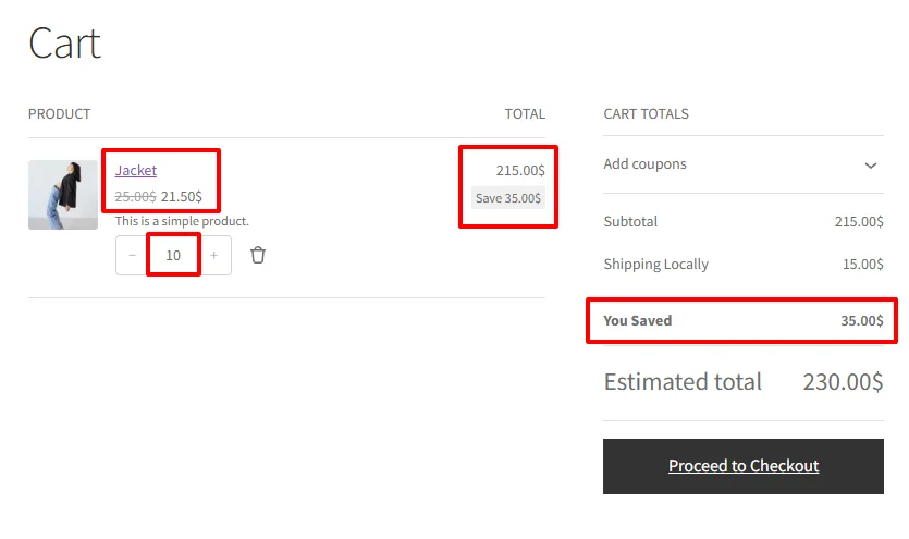 Tiered discounts applied in cart with 10 items