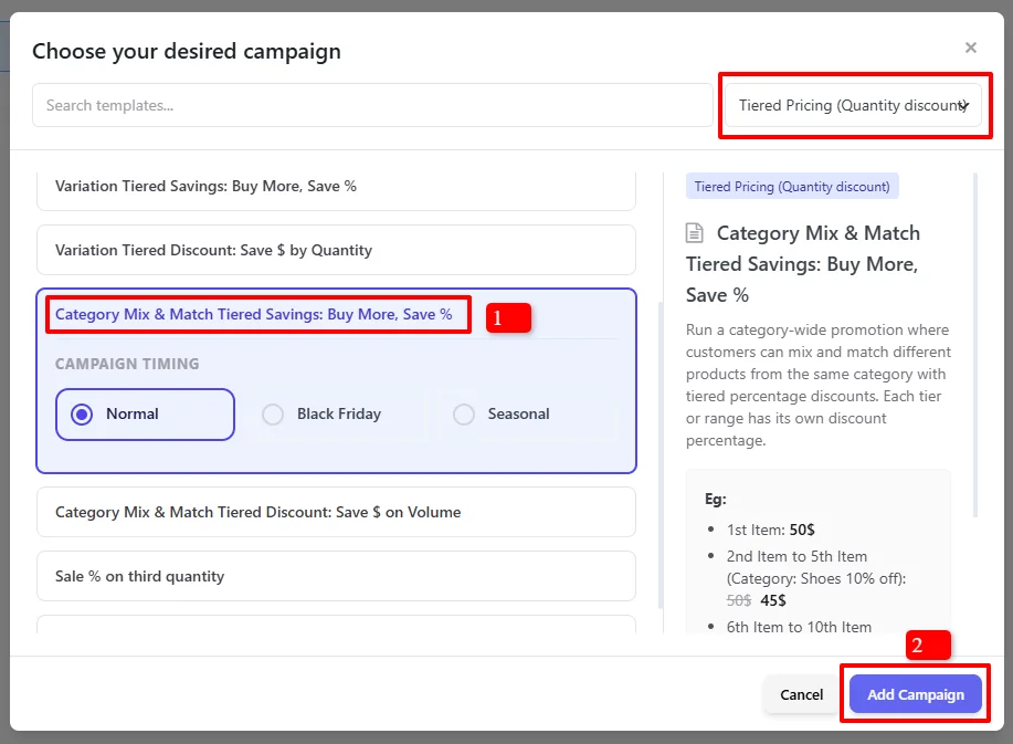 Category Tiered Pricing template selection
