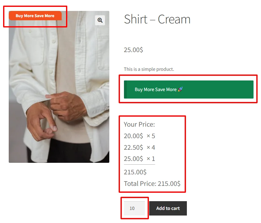 Category tiered discount on product page with 10 items