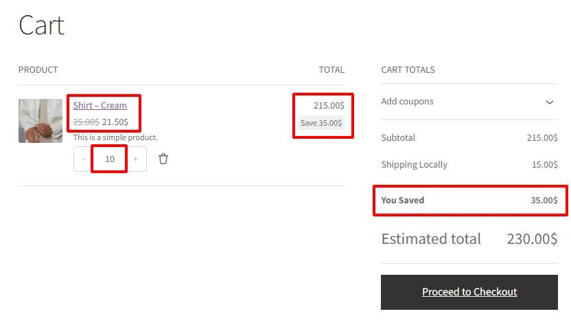 Category tiered discounts applied in cart with 10 items