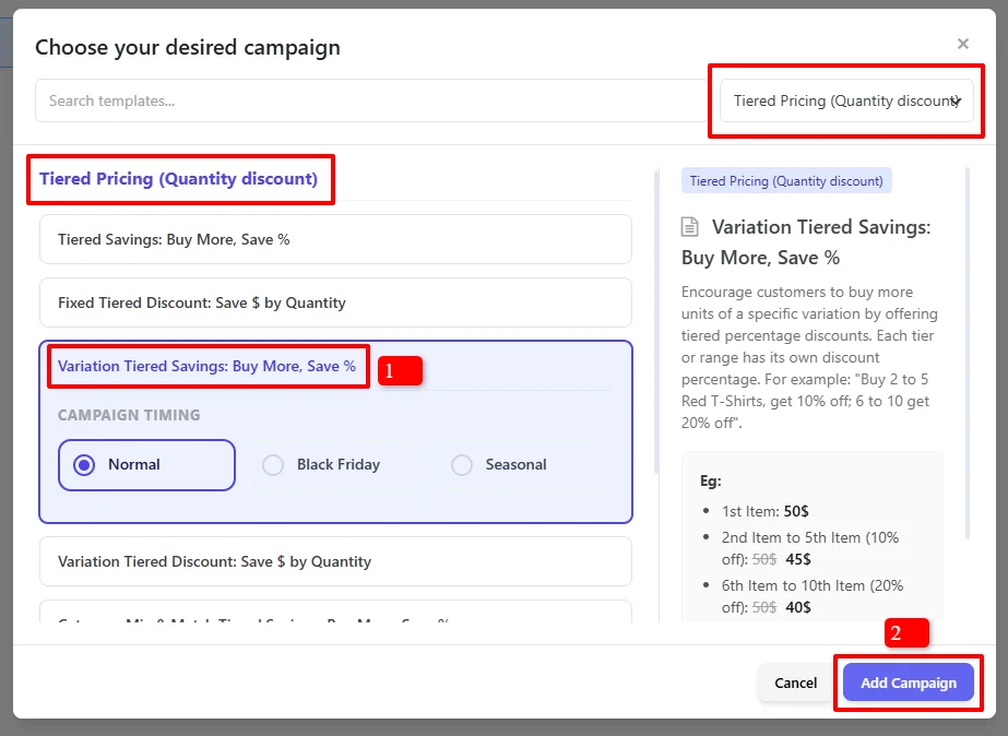 Variation Tiered Pricing template selection