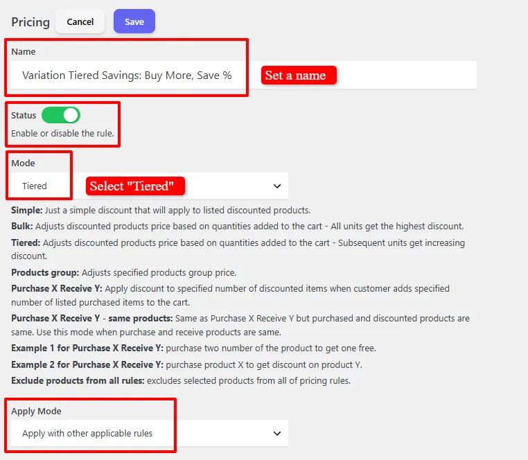 Variation tiered discount configuration