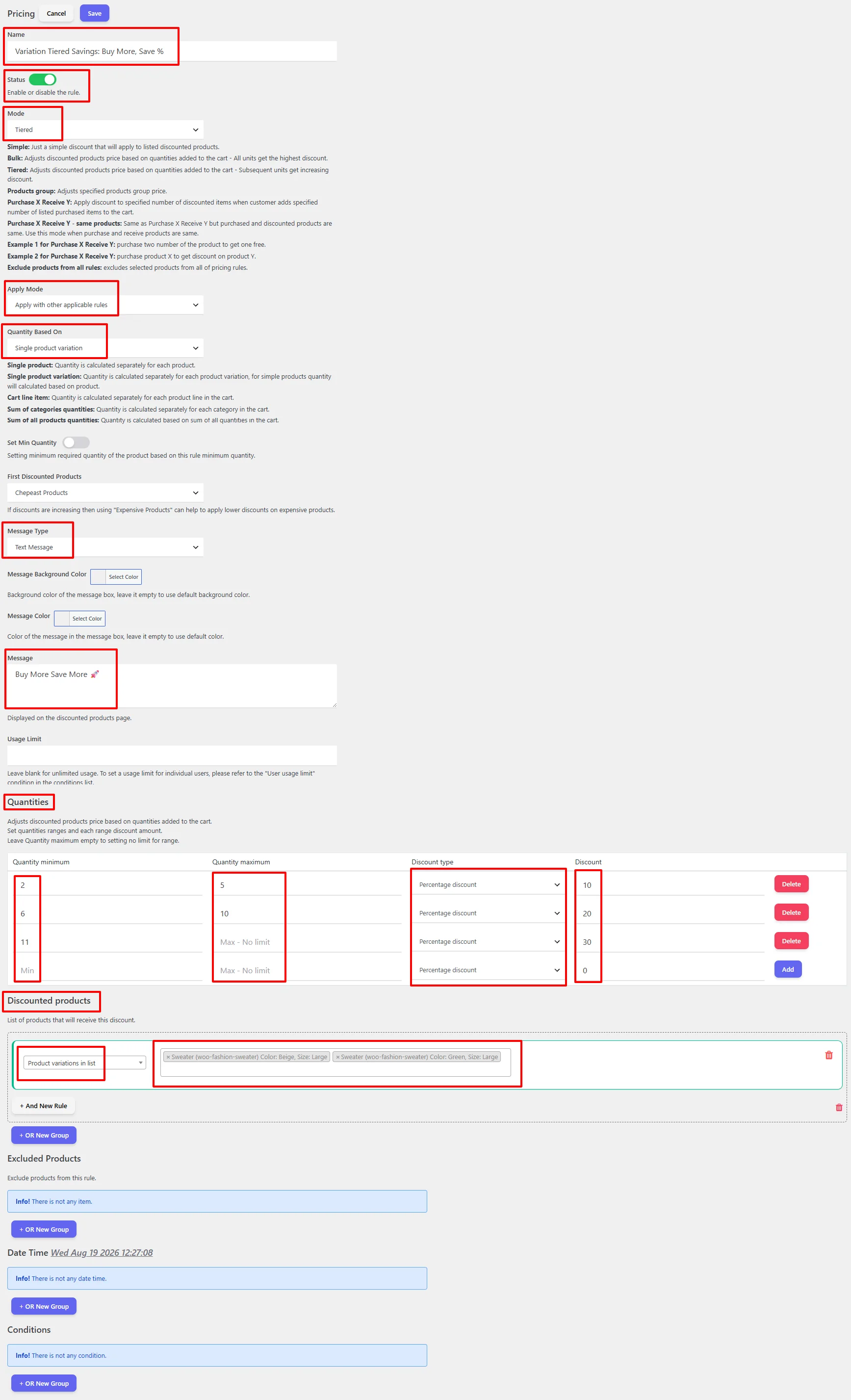 Variation tiered discount full configuration