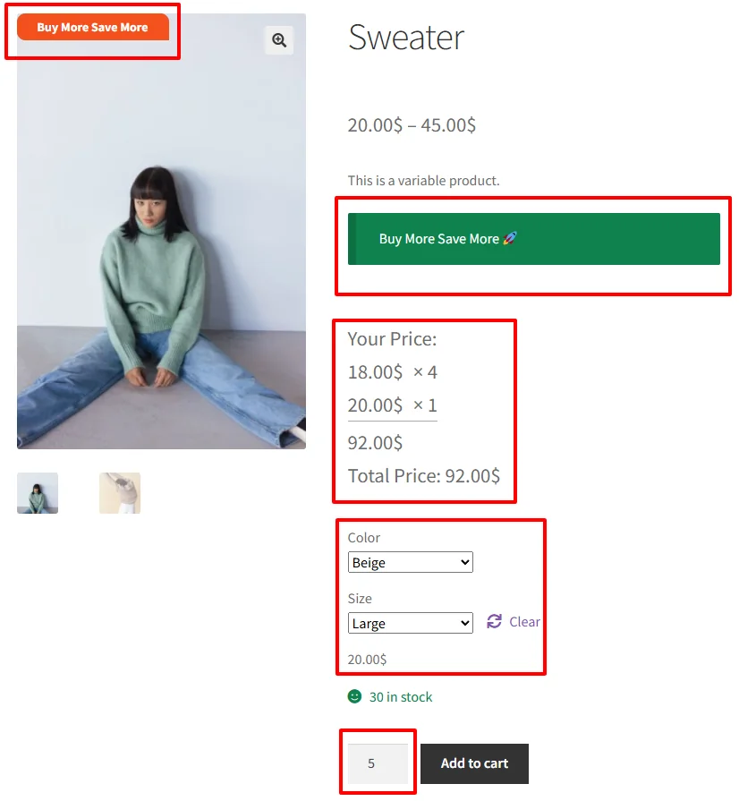 Variation tiered discount on product page with 5 units