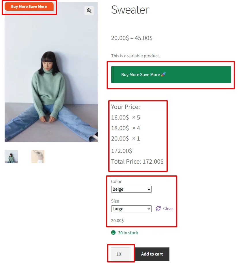 Variation tiered discount on product page with 10 units