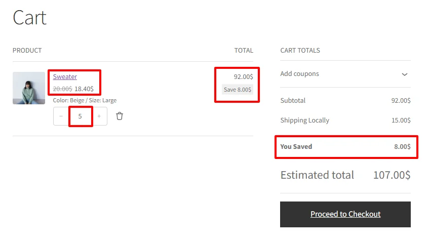 Variation tiered discounts applied in cart with 5 units