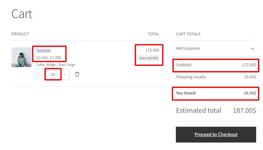 Variation tiered discounts applied in cart with 10 units