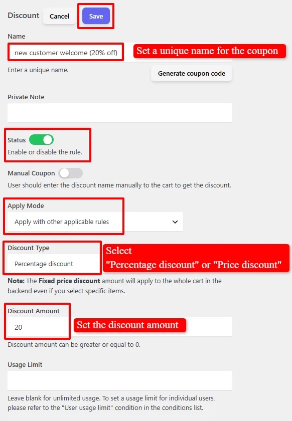 User signup discount configuration