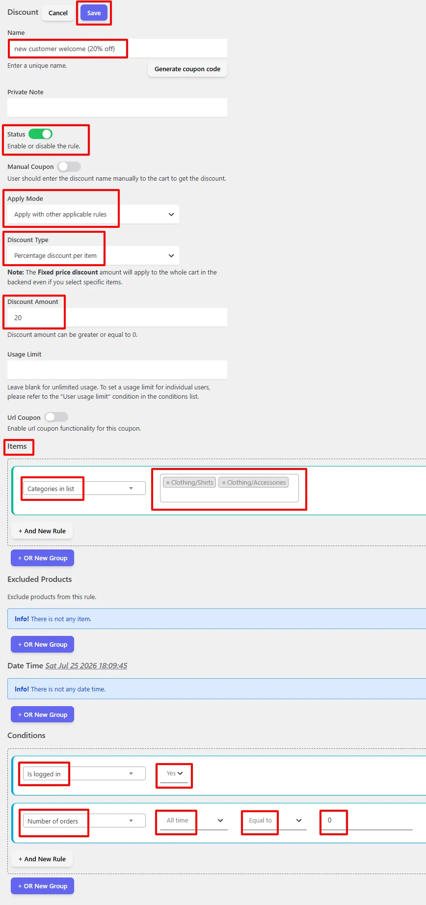 Save new customer conditions for targeted discount