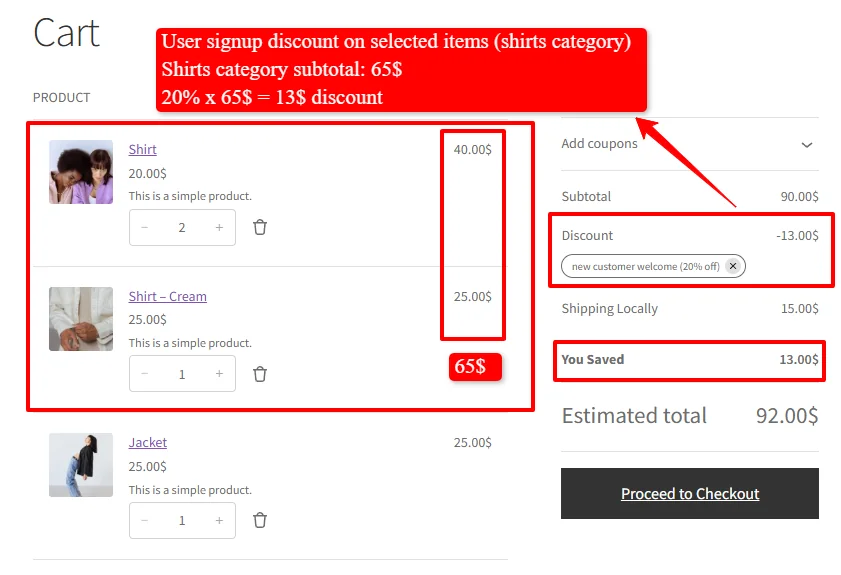 User signup discount on selected items