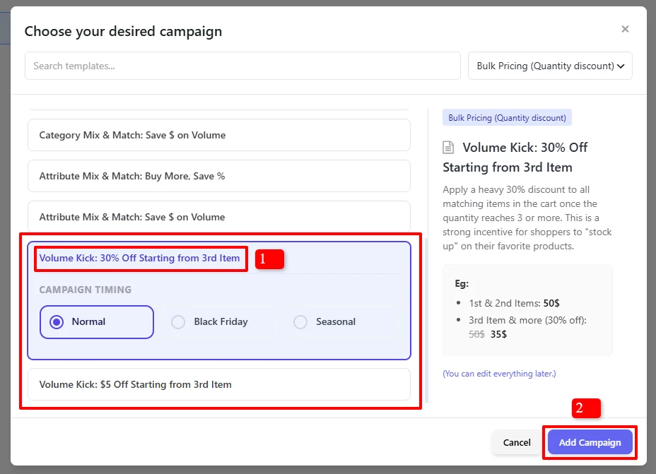 Volume Kick template selection