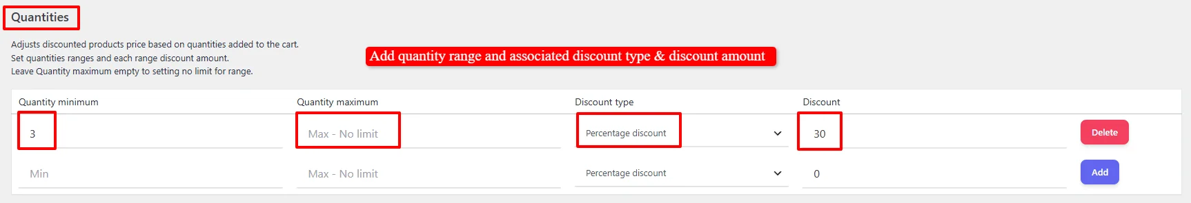 Volume kick quantity ranges configuration