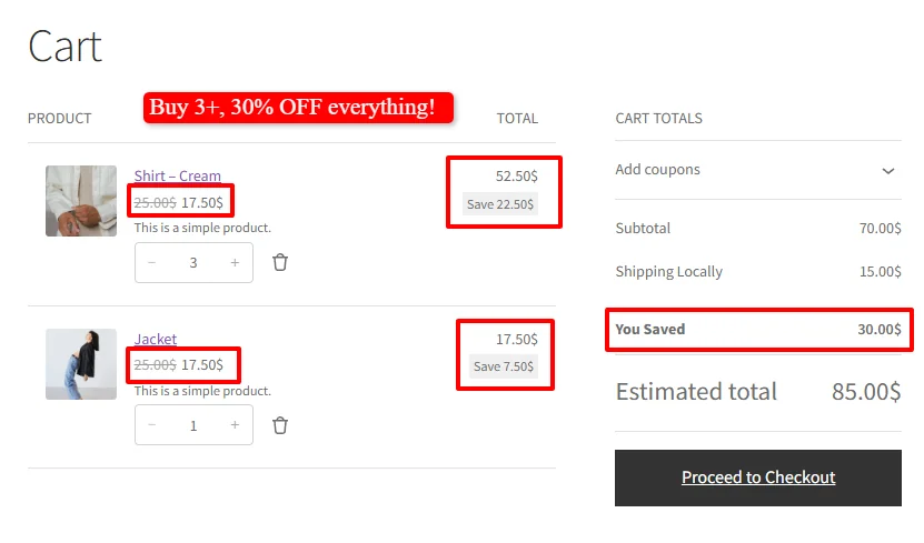 Volume kick discounts applied in cart
