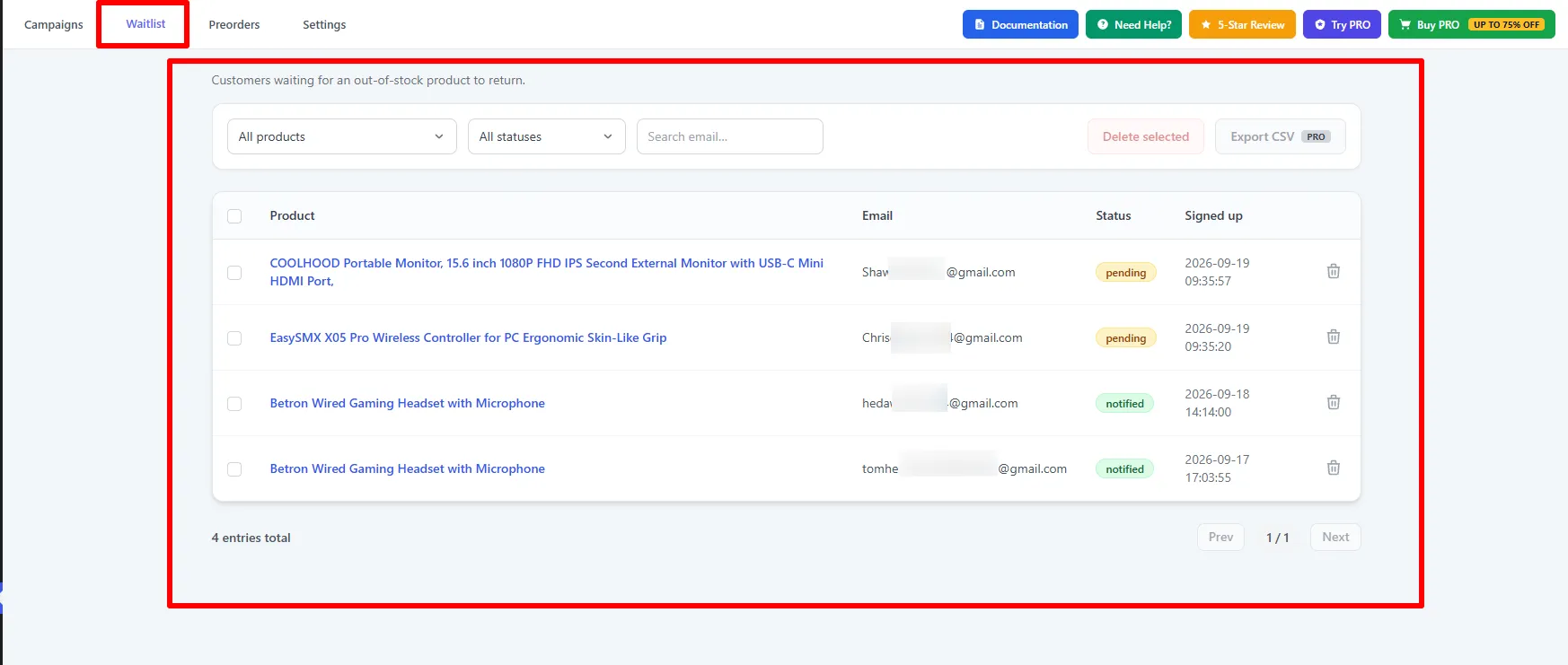 The waitlist admin screen