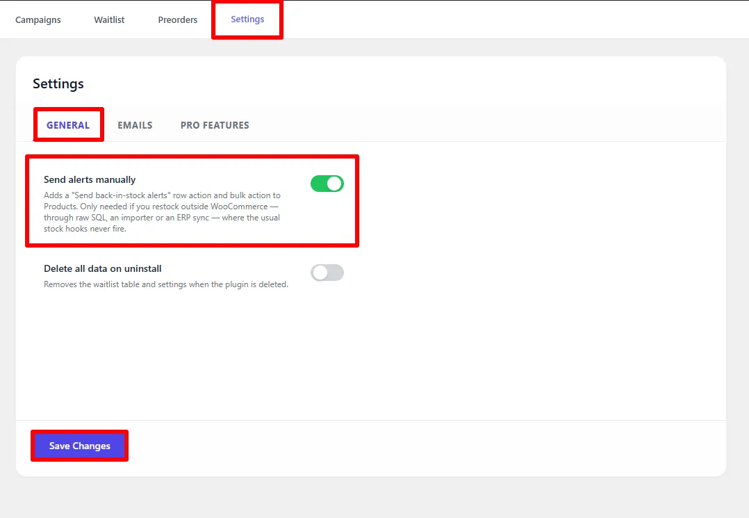 The Send alerts manually toggle in Settings → General