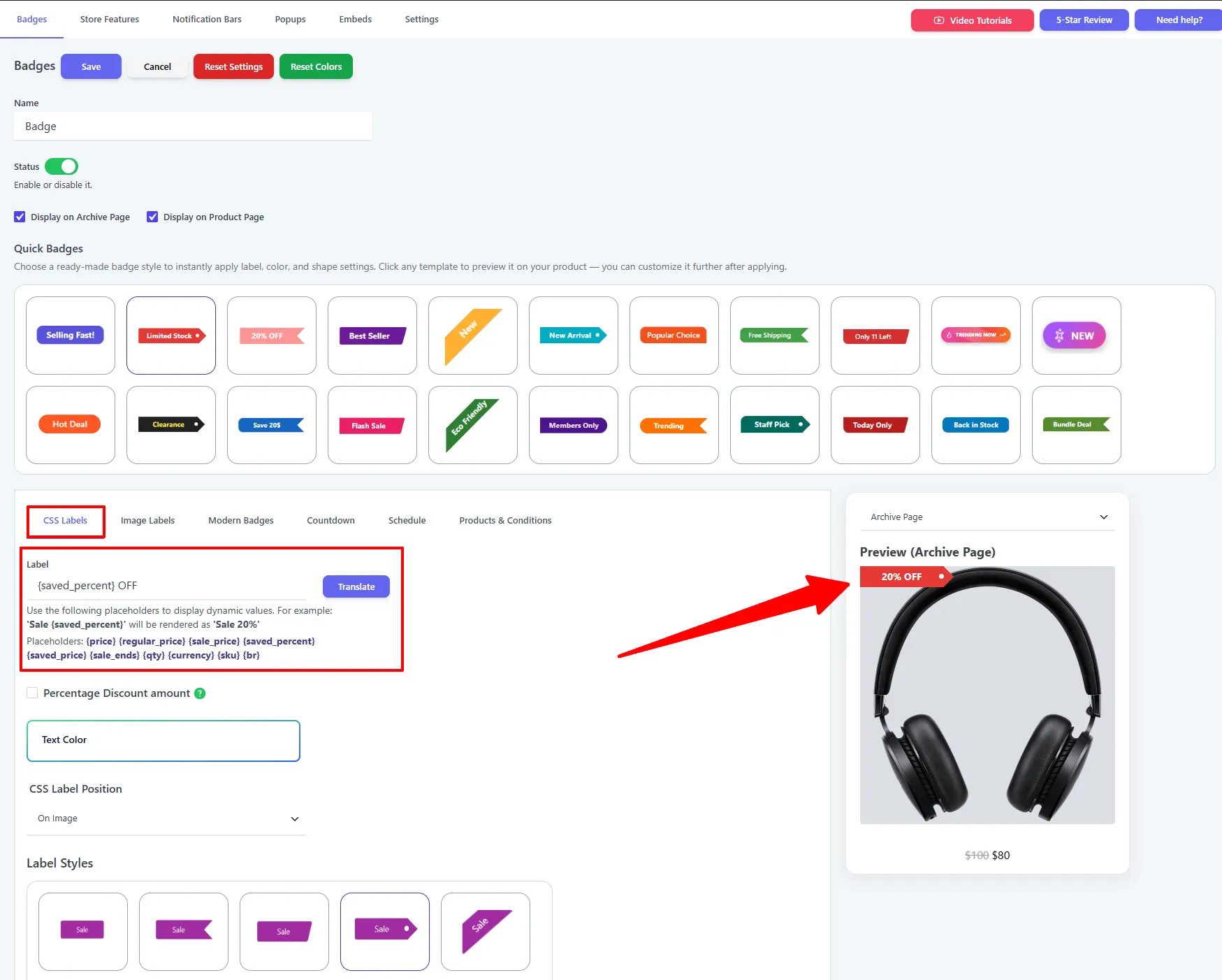 Dynamic Badge Placeholders storefront example