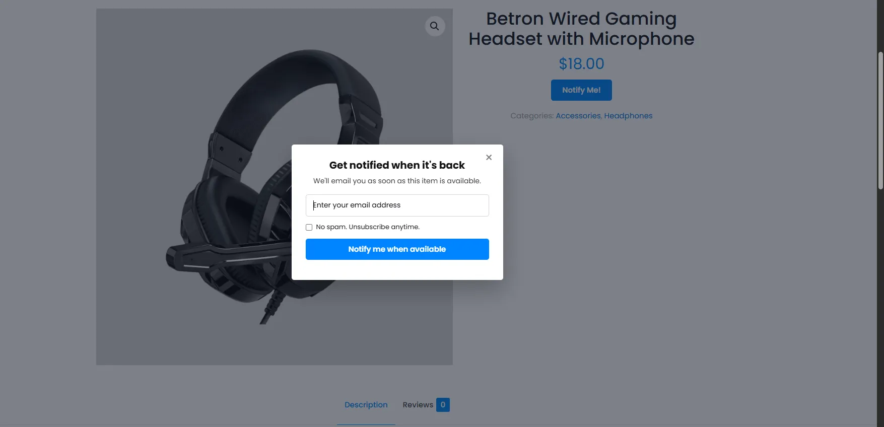 Notify Me Sign-up Form example in WooCommerce