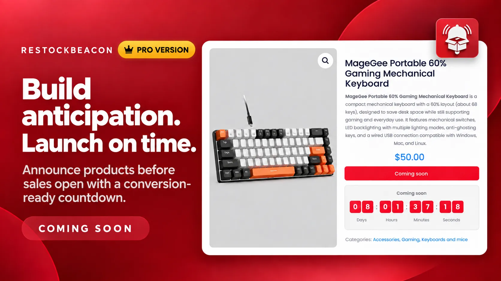 Coming Soon (Pro) example in RestockBeacon for WooCommerce