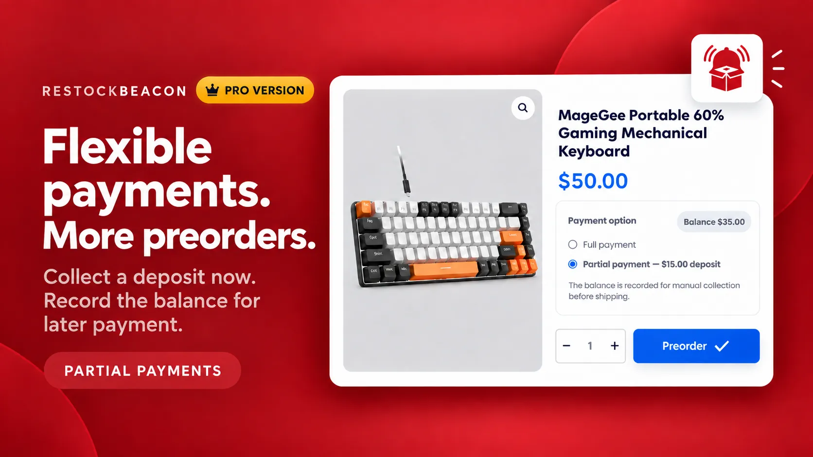 Partial payments (Pro) example in RestockBeacon for WooCommerce