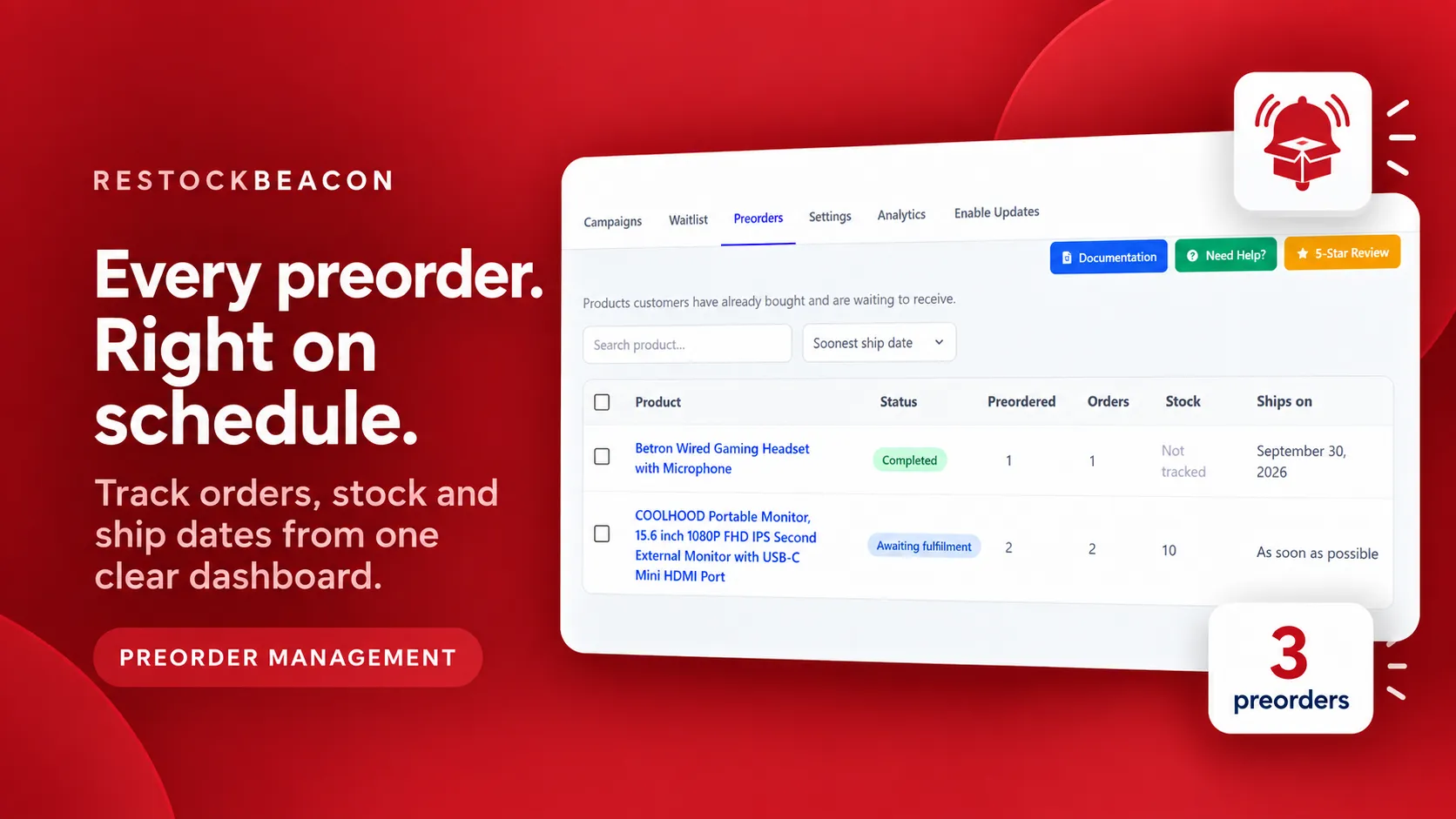Preorder management example in RestockBeacon for WooCommerce