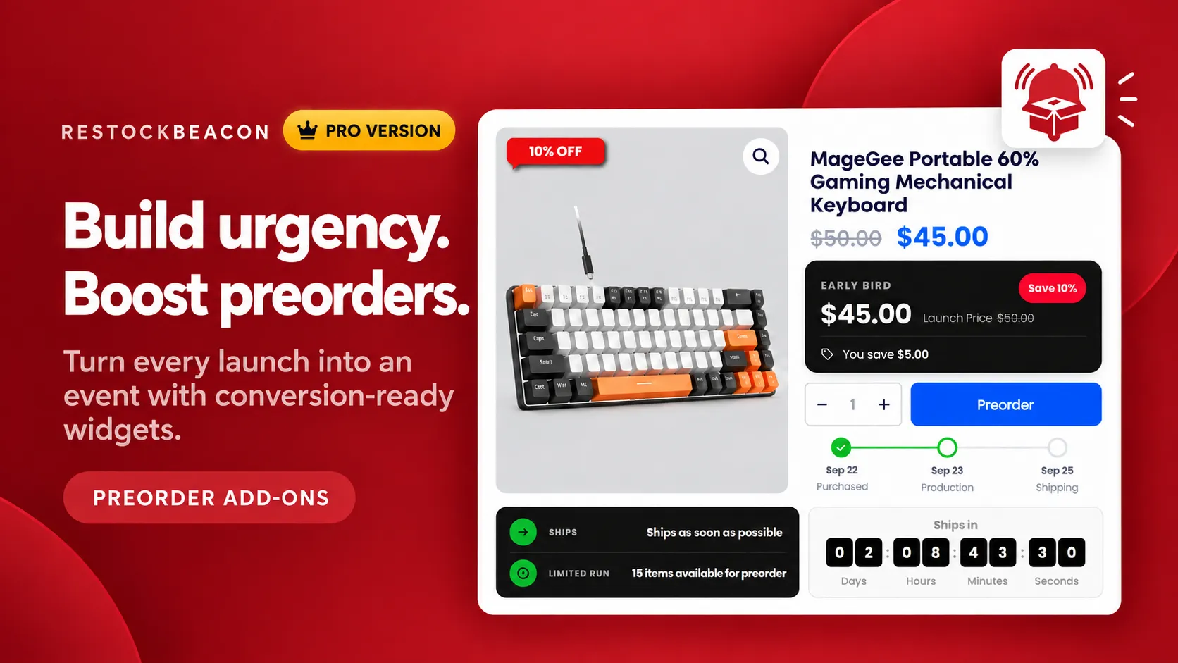 Early Bird pricing (Pro) example in RestockBeacon for WooCommerce