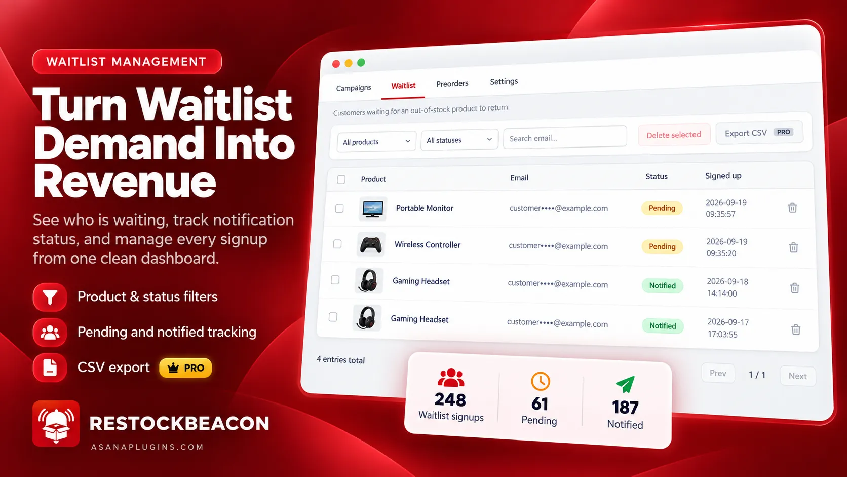 Waitlist management example in RestockBeacon for WooCommerce