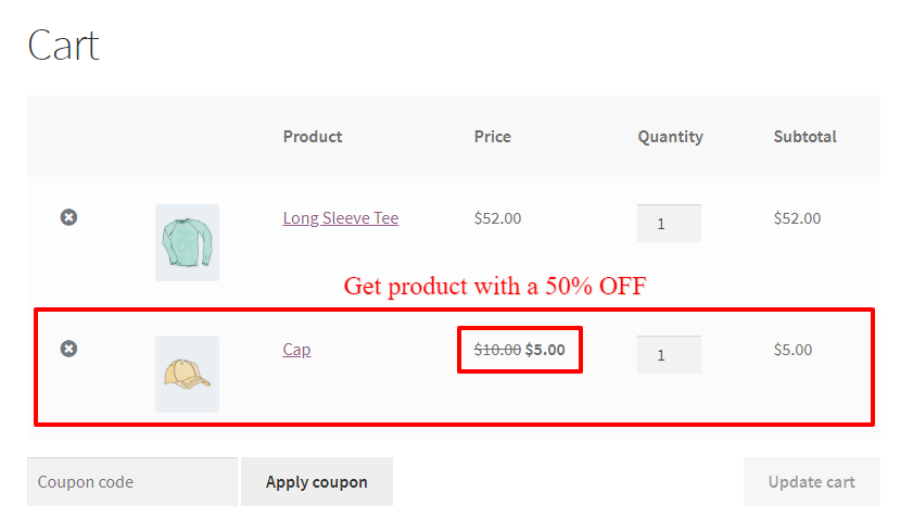 WooCommerce Buy One Get One Half Offer Another Product On Cart With WooCommerce advanced coupons plugin