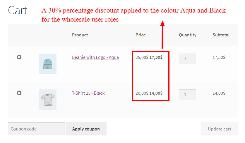 User role based discount for product attributes