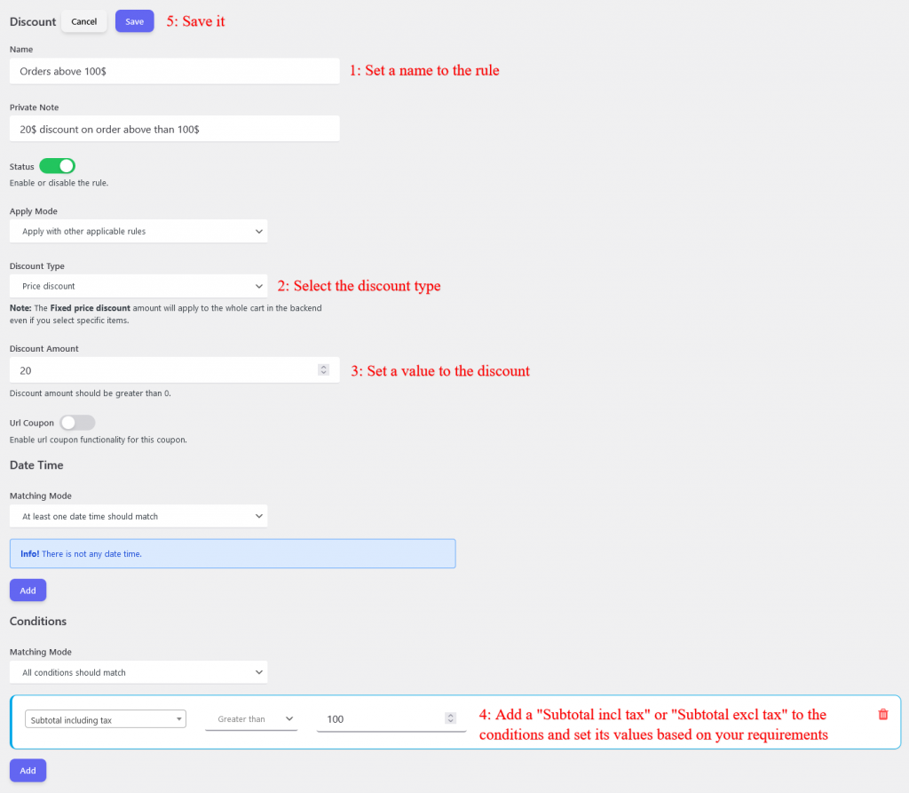 subtotal condition discount rule