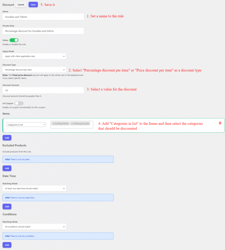 Cart discount rule for categories