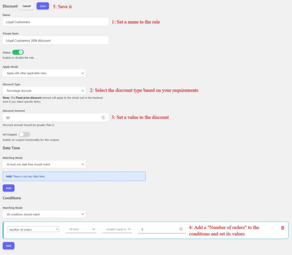 discount rule based on number of orders history