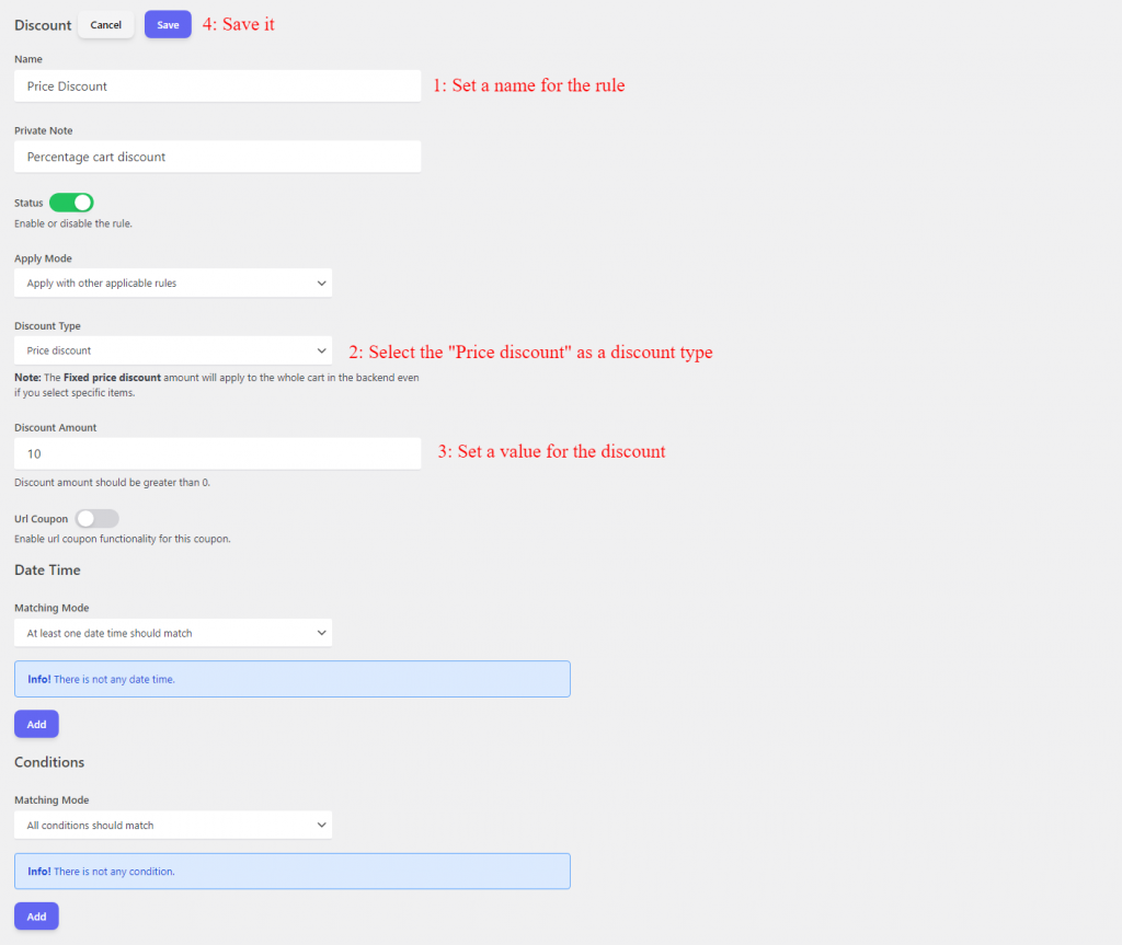 Create price cart discount rule in woocommerce