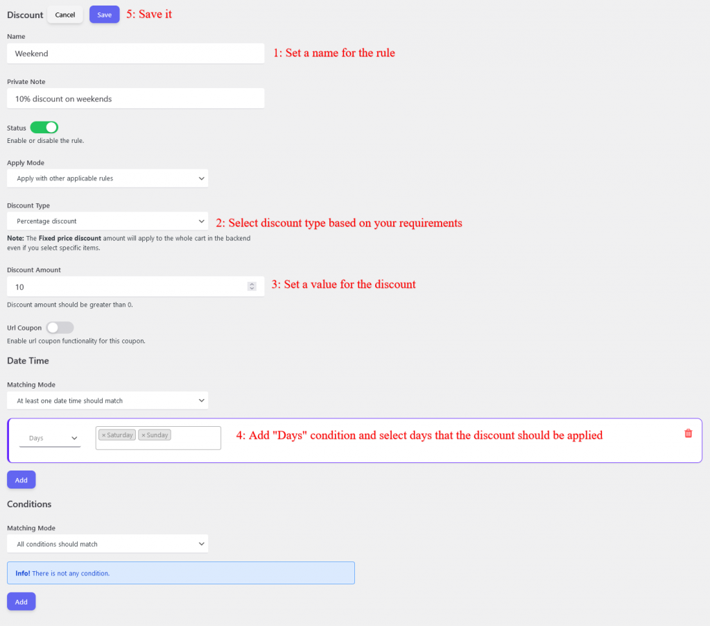 weekend coupon rule in woocommerce