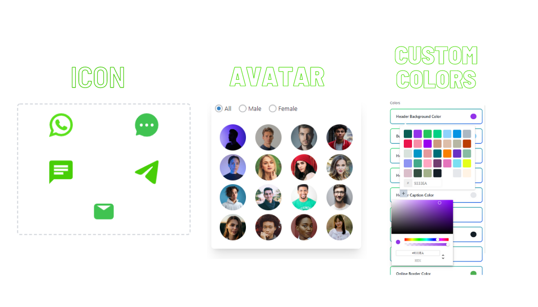 icon avatar and custom colours for whatsapp