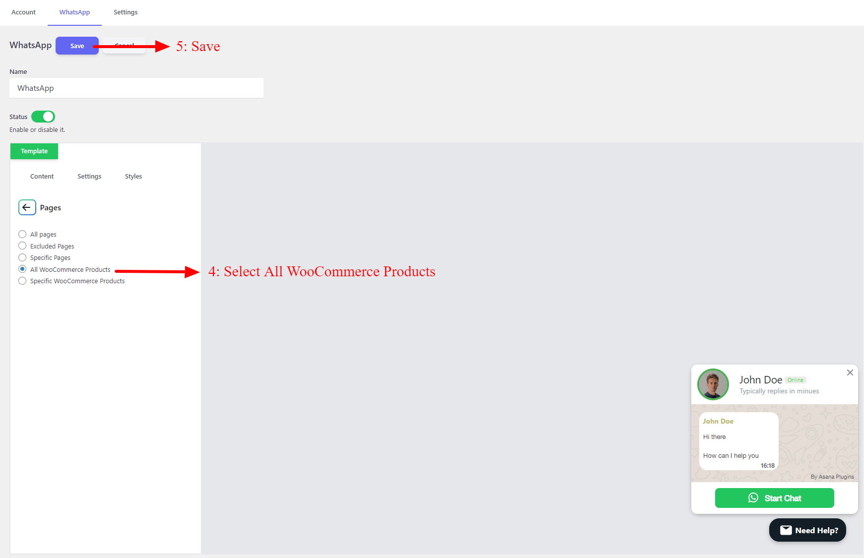 WooCommerce products settings for WhatsApp Live Chat Button