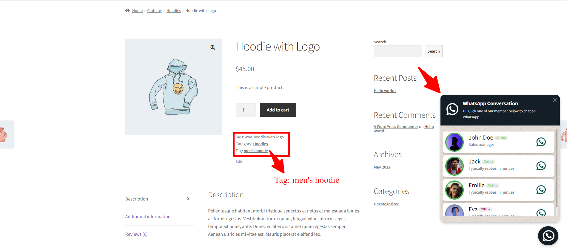 Live Chat Button on WooCommerce tags