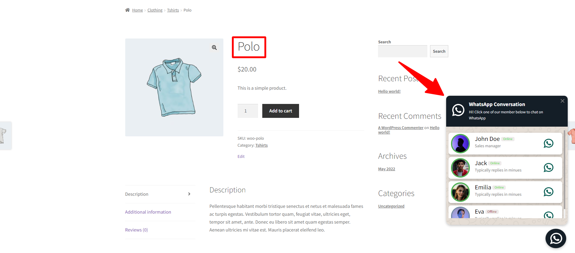 Live Chat Button on WooCommerce product page