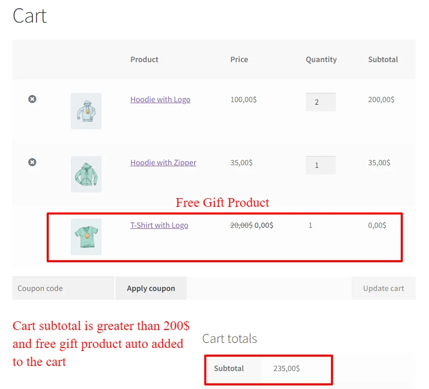 Gift a product for cart subtotal in WooCommerce