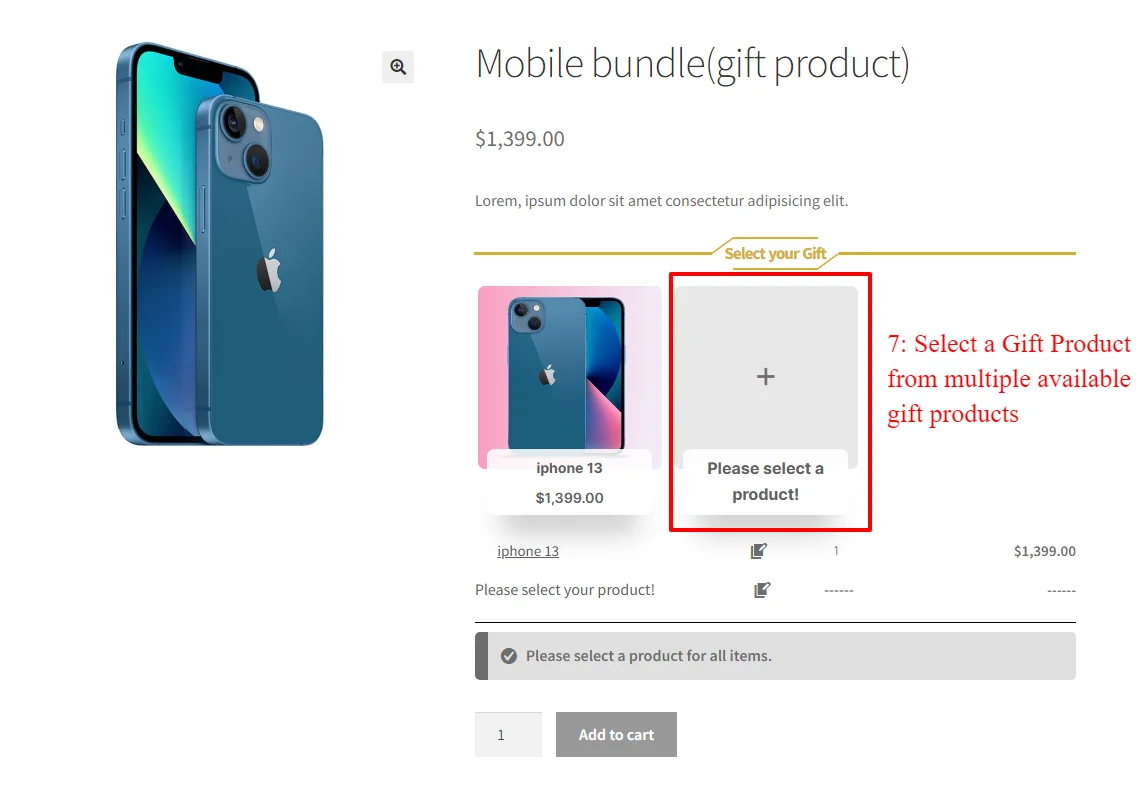 result of create gift product with product bundle plugin