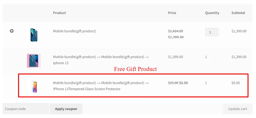 Free gift product in cart