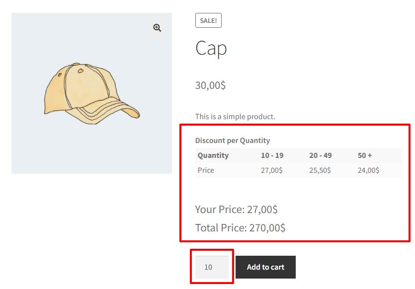 quantity table on product page