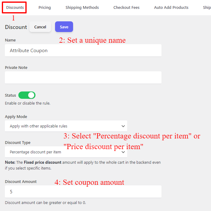 product attribute coupon configuration in woocommerce