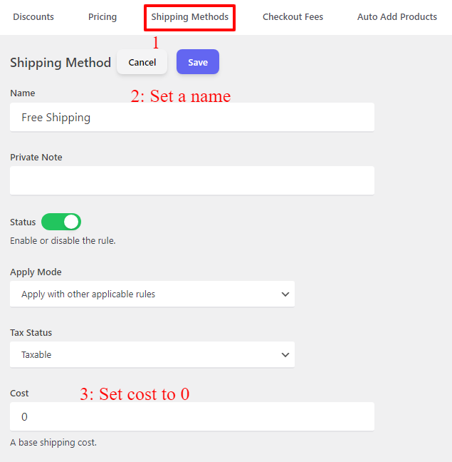 free shipping method config in woocommerce