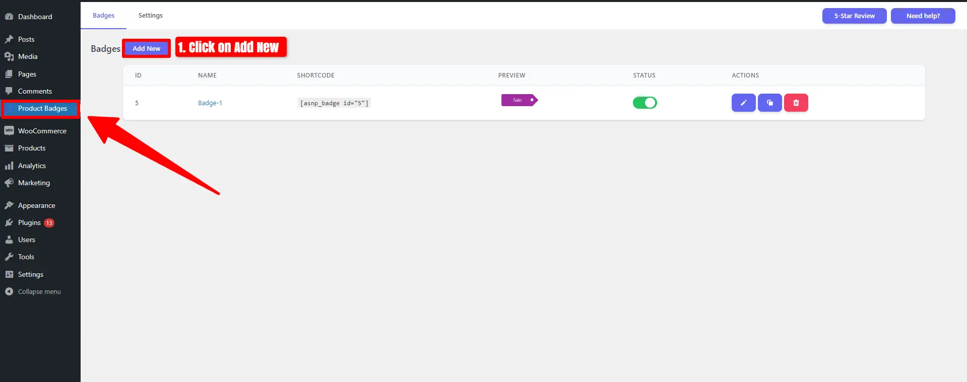 Click on Add New For Create a New Badge in Woocommerce