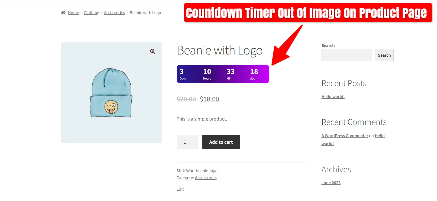 Countdown Timer Out of Image on Beanie with Logo Product Page