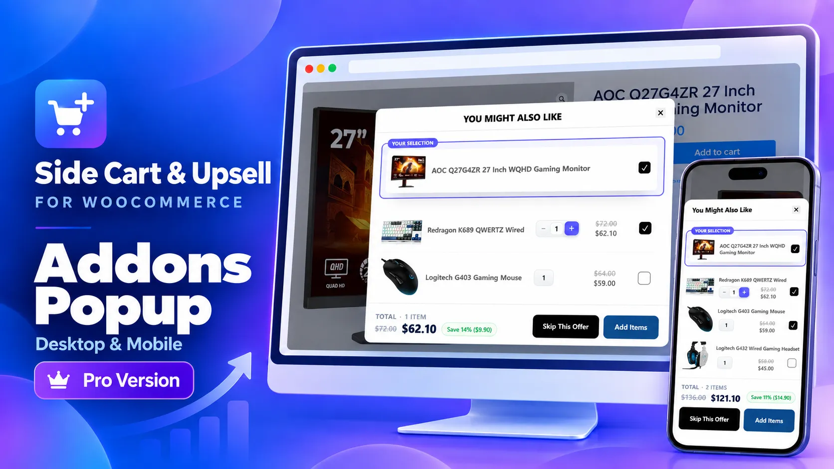 WooCommerce add-ons popup with selectable accessories, discounted prices, and a combined total