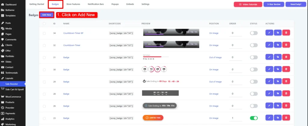 Sale Booster badge settings with the Add New button for a WooCommerce sale badge
