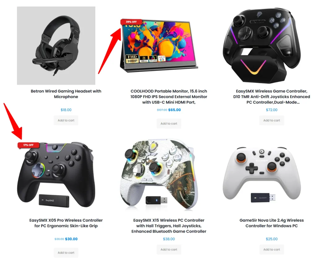 WooCommerce product grid showing sale badges with discount percentages