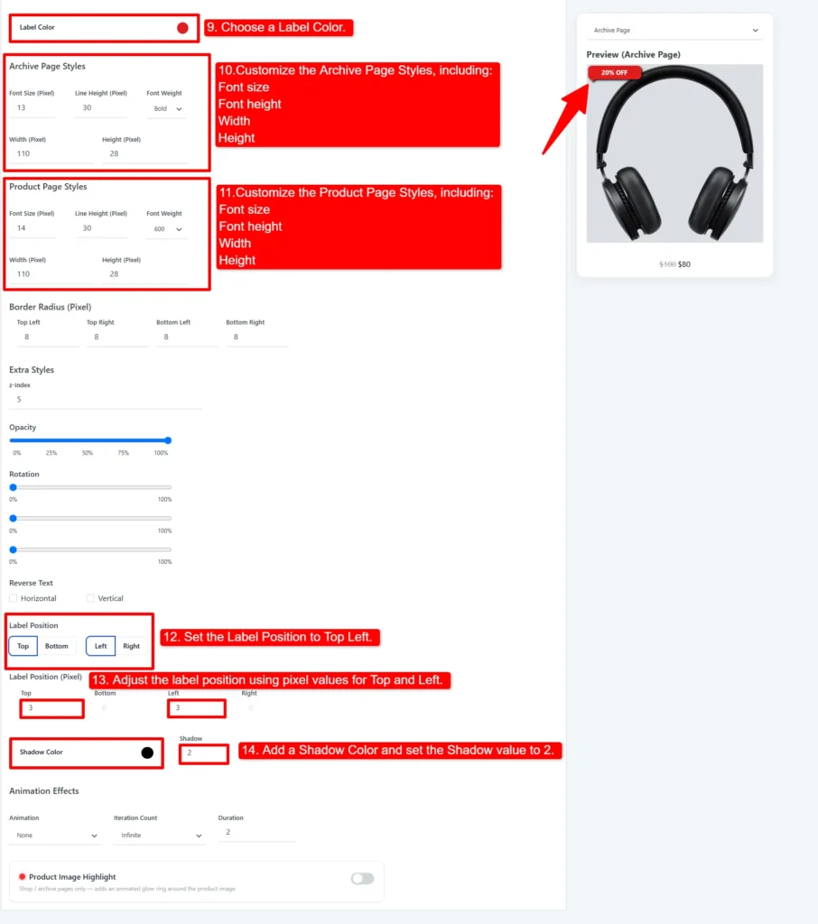 WooCommerce sale badge design controls with a product preview
