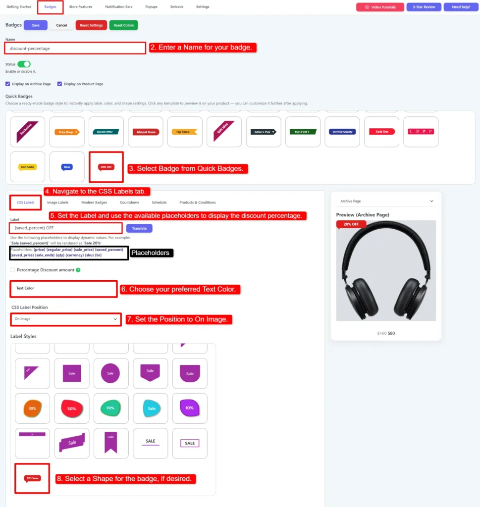 WooCommerce sale badge style settings with a dynamic discount percentage placeholder
